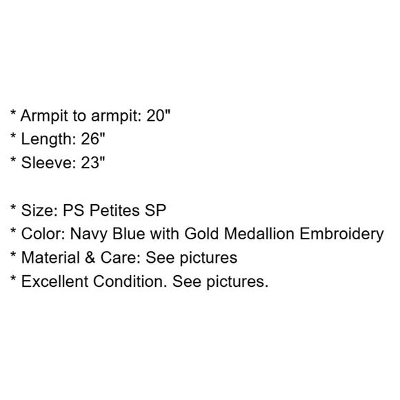 Ann Taylor Top Petites SP PS Navy Blue Sheer Blouse Gold Medallions Embroidery - Picture 4 of 14
